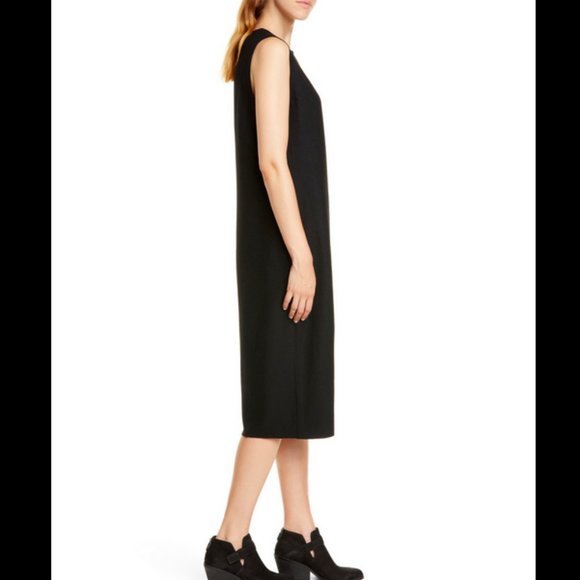 EILEEN FISHER BLACK SLEEVELESS BOILED WOOL LANTERN MIDI DRESS - Picture 4 of 8